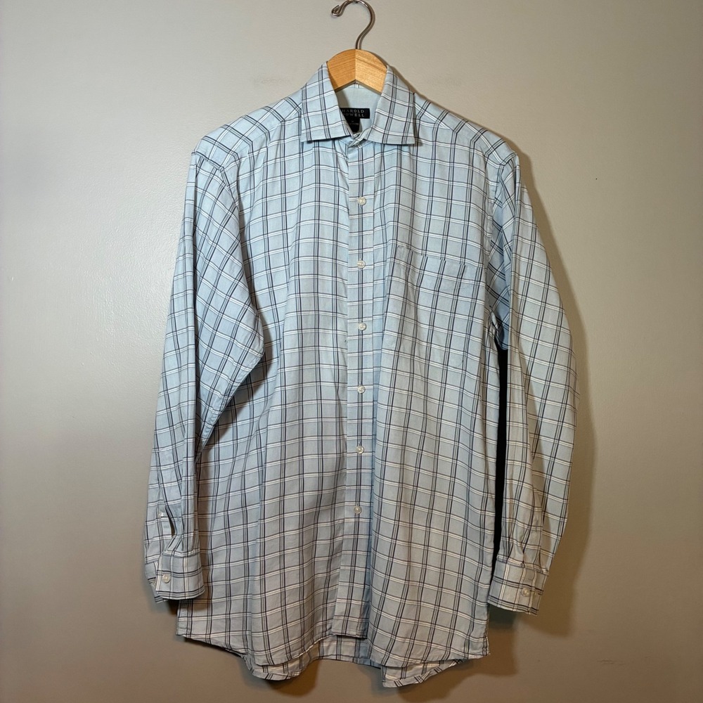 Harold Powell Mens Blue Plaid Cotton Long Sleeve Button Down Shirt Size M
